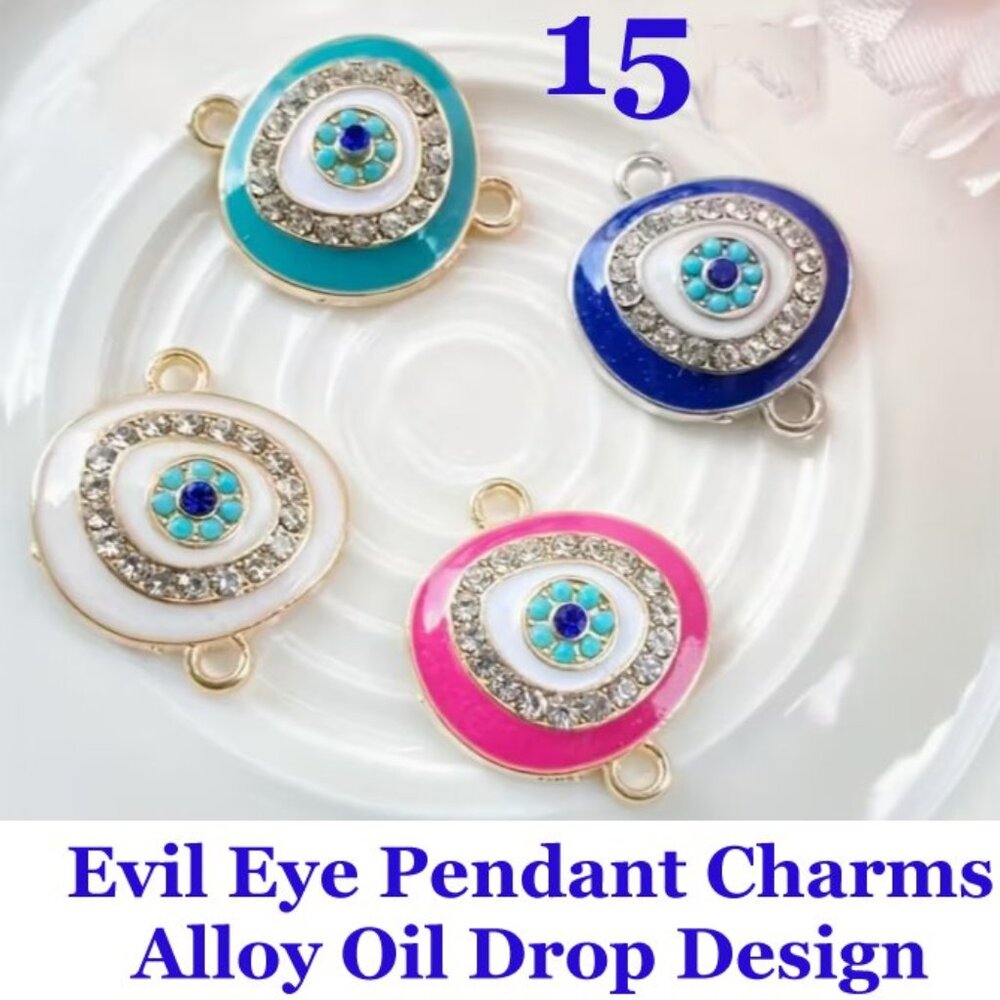 Evil Eye Connector Pendant Charms  Alloy Oil Drop Design  15 Pieces  Mixed Color